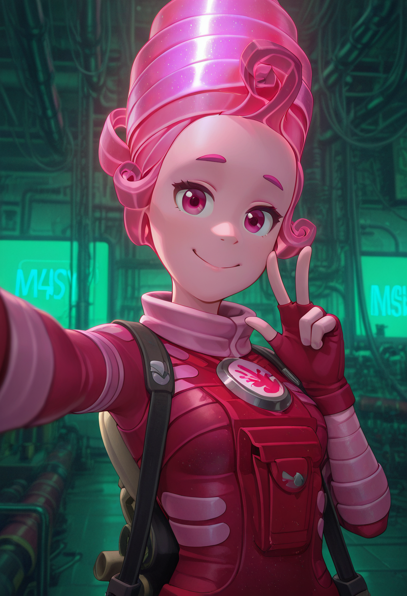 Graphic Design, color art, vibrant colors, colorful, intricate details, high contrast, detailed background, beautiful detailed, beautiful face, detailed eyes, detailed face, new, 1girl, solo, m4sy4, pink hair, pink eyes, bodysuit, pink bodysuit, gloves, fingerless gloves, belt, factory, upper body, selfie, smile, looking at viewer, (masterpiece, best quality, newest, recent, absurdres),