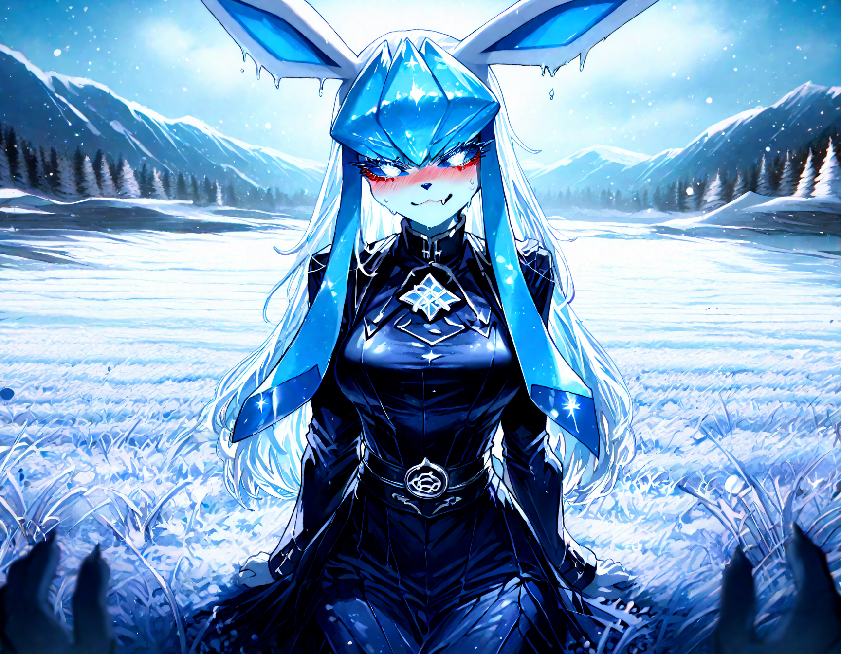 pokemon, glaceon , 1girl, ban! \(bansankan\):0.7, quasarcake:0.8, wlop:0.9, animal_ears ,animal_nose,blue_fur ,blue_hair ,blue_sclera, blue_sky ,blue skin,blue_theme, blurry, blush, body_fur, breasts,colored_sclera, cowboy_shot ,  fang, furry ,furry_female,  happy , medium breasts, looking_down , nose_blush, outdoors, personification ,pokemon_(creature),long_hair, shiny_skin ,sidelocks,sky, smile, solo ,sweat , tail ,white_eyes, long_sleeves, black_shirt ,black dress,
pov_hands , looking at viewer, sitting,
snowy, snow, outdoors, field, mountain, cloudy sky, trees, fr0stwrld, ice ,
masterpiece, best quality, Good quality, very aesthetic, absurdres, newest, (Perfect details), solo,
<lora:Fr0stWrld4:0.7>, <lora:ponyv5_noobV065S_1_adamW:0.8>, <lora:illustrious_noobai_epsilon_pred_1_best_quality_v1:0.7> ,<lora:illustrious_noobai_epsilon_pred_11_very_aesthetic_v1:0.7> ,<lora:illustrious_noobai_epsilon_pred_1_masterpieces_v1:0.7>