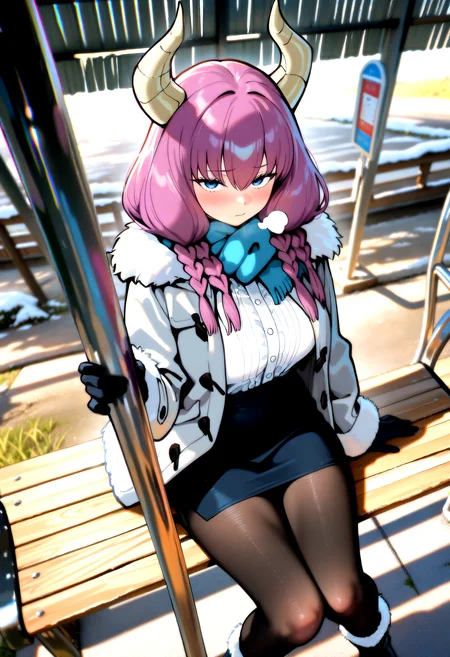 HDR, high contrast, masterpiece, best quality, amazing quality, very aesthetic, absurdres, newest, scenery, (volumetric lighting), photorealistic, photo background, detailed, 1girl, aura \(sousou no frieren\), horns, magenta hair, blue eyes, looking at viewer, blush, breath, low twin braids, multiple braids, curvy, contemporary, layered clothing, fur-trimmed coat, duffel coat, white frilled shirt, gloves, scarf, center frills, black pencil dress, side slit, black pantyhose, fine fabric emphasis, platform boots,fur-trimmed boots, from above, perspective, sitting, outdoors, winter, bus stop, bench, dutch angle, masterpiece, best quality, amazing quality, very aesthetic, absurdres, newest, scenery, (volumetric lighting),