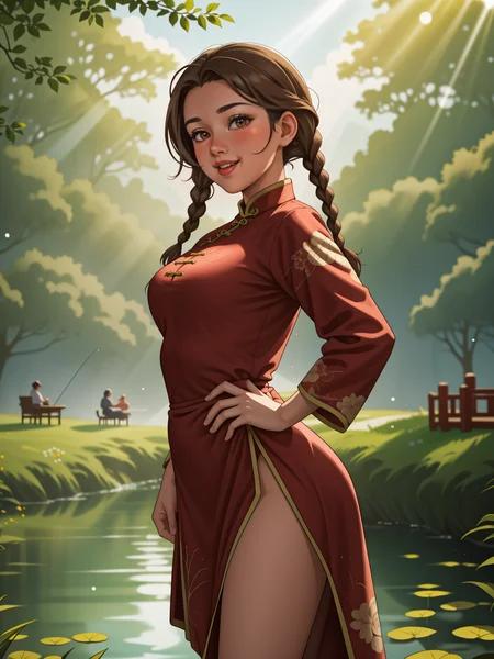 1girl, <lora:AromaStyle-V9:0.5>, brown eyes, light brown hair, twin braids, china dress, china, outdoors, village, tree, river, pelvic curtain, light particles, sunbeam, hand on own hip, head tilt, lens flare, from side, people fishing on background
masterpiece, best quality, intricate detail, <lora:PAseer-SD15-LCM Quick:1> <lora:emotion_happy_slider_v1:2> <lora:backlight_slider_v10:-1> <lora:weight_slider_v2:1>