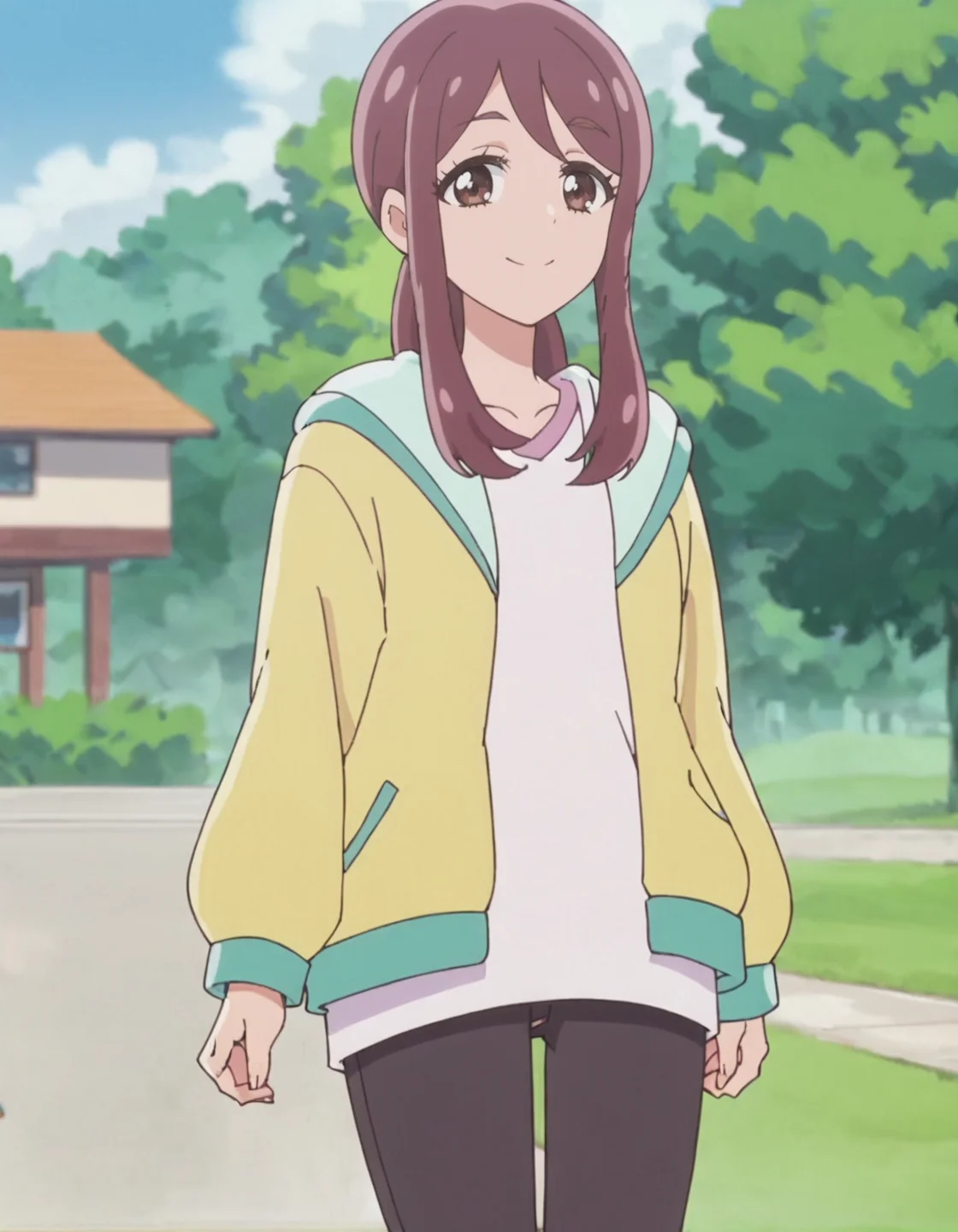 score_9, score_8_up, score_7_up, anime screencap,1girl, solo, looking at viewer, brown eyes, long hair, outdoors, brown hair,  standing,long sleeves, yellow jacket,white shirt, black pants,  sidelocks,smile<lora:mochakainushi:0.8>