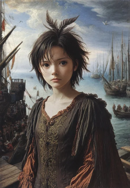 safe_pos, <lora:paulbril_pony_v1:1.1> by bril paul in, portrait \(genre\), marina \(genre\), baroque \(style\),
score_9, score_8_up,
1girl, solo, (Kikuchi Makoto:1.8) on the foreground is standing on the wooden pier of a port watching ships in the sea,
<lora:KikuchiMakoto_pony_v1:0.9> kkcmkt, short hair, black hair, antenna hair, hair between eyes, black eyes, flat chest, small breasts,
<lora:loraeyesxl:0.4>