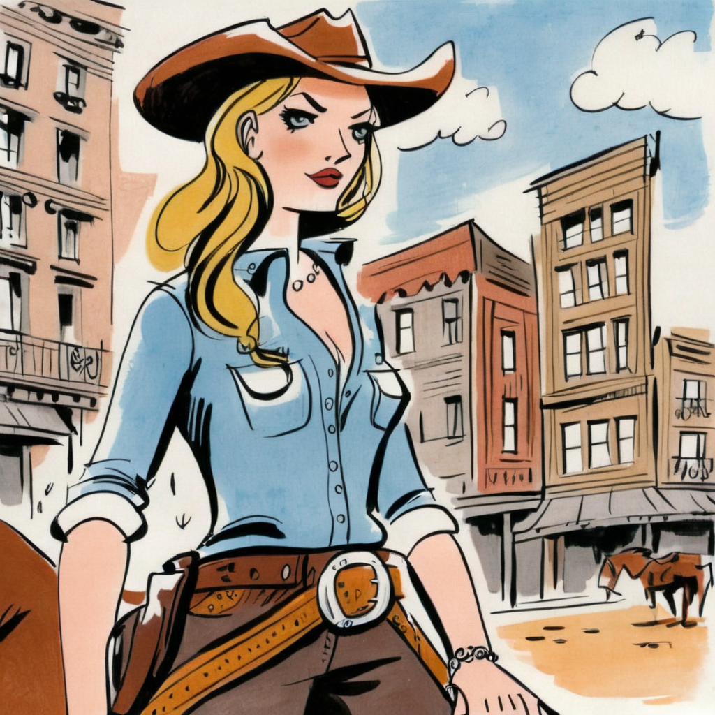 drawix23  cowgirl girl in the wild west, with buildings and riders in the background,  very detailed<lora:drawix23:1>