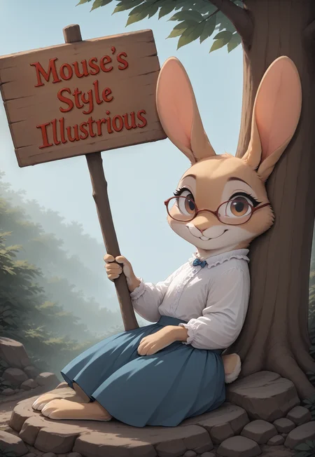 masterpiece, best quality, amazing quality, m0use_istyle, (toon:0.7), (holding large sign:1.3), , (rabbit), beige fur, brown eyes, frilly shirt, blue bow, skirt, glasses, Reclining on a tree trunk or rock, outdoors, looking at viewer, female, smile, (rabbit tail:0.4),