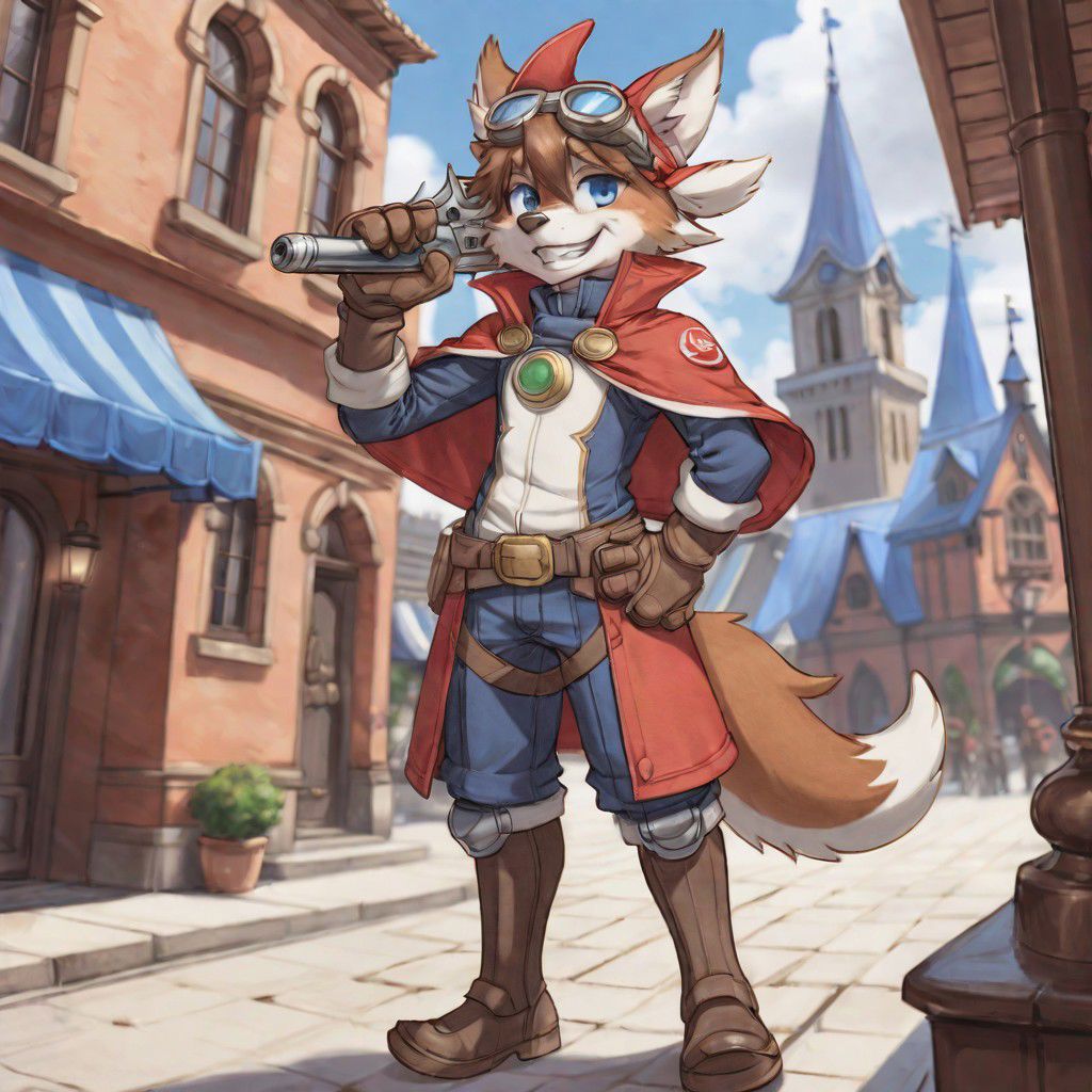masterpiece, best quality, red savarin, solo, looking at viewer, smile, blue eyes, fantasy floating city background, brown hair, gloves, 1boy, holding, animal ears, tail, full body, weapon, male focus, sword, holding weapon, armor, grin, hand on hip, gun, goggles, furry, brown gloves, goggles on head