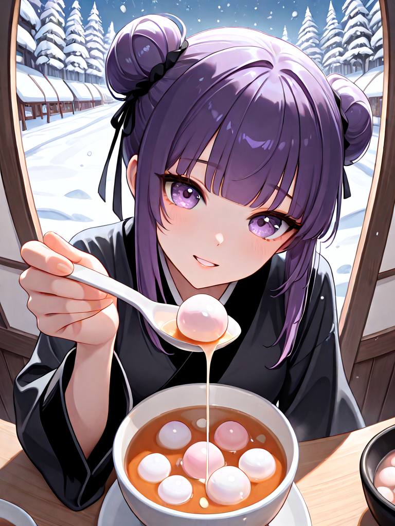 absurdres, explicit, tangyuan feeding, incoming food, blurry foreground, fisheye, pov, 1girl, shy, smile, holding spoon, hand up, sitting, soup, table, steam, steaming food, close-up, foreshortening, reaching towards viewer, black hanfu, chiffon sleeves, hime cut, hair, bun, purple hair, parted lips, milf, head tilt, snow, snowing, from above, high angle, <lora:girlliketangyuanfeeding_ilxl:0.8>