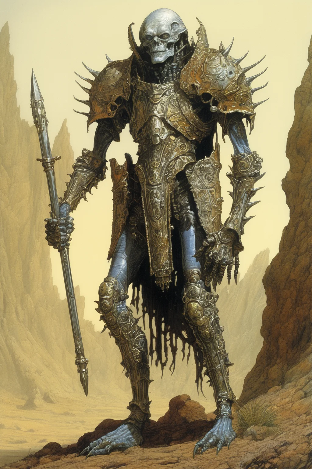 John Blanche Style - a alien humanoid race from another realm, wearing armour made of bone, character creation, high fantasy Michael Whelan art style