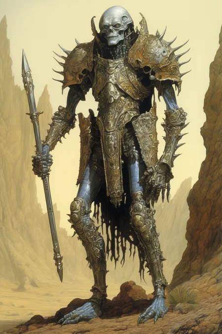 John Blanche Style - a alien humanoid race from another realm, wearing armour made of bone, character creation, high fantasy Michael Whelan art style