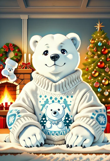 christmassweater, polar bear, (white bear:1.3), livingroom, colorful suit, cinematic, wide angle, ral-chrcrts, Christmas decorations, Christmas tree, fire place, bear wears sweater only, White only bear, bear only white, close up.