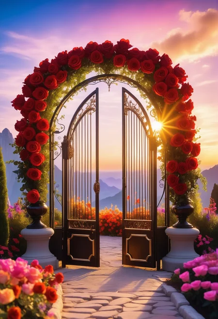 sunrise shines,landscape of a reij-ebsu gate,retro sci fi steampunk, fire <lora:ebony sunset-000001:1>, empty place, the gate surrounded by flowers is made of pam-flwr <lora:SDXL_FLOWER_STYLE:0.9>, a reij-mg outdoor room, neon light <lora:reij-moderngothic:0.8>, landscape of a (Crystal Crag:1.2) , Lagrange point background, cinematic, vignette, exquisite color, theatrical, cinematic light, highly enhanced, pure