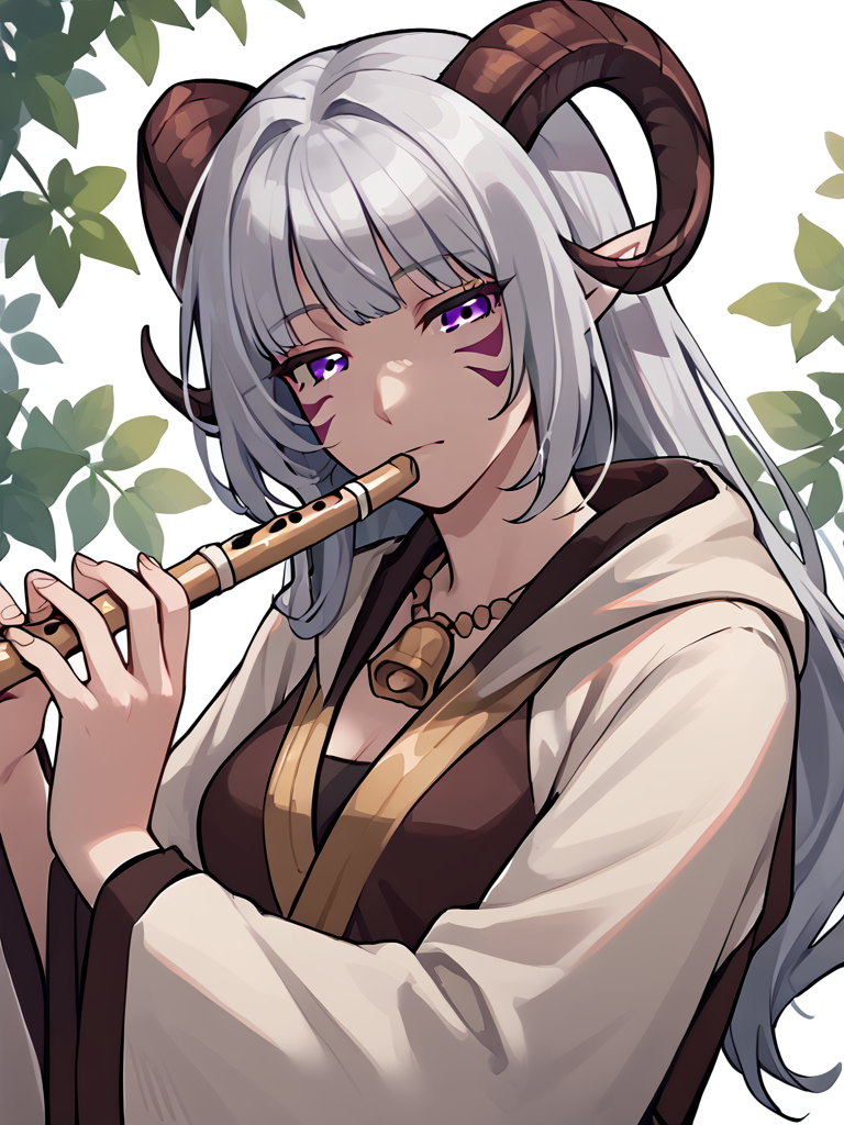 <lora:flute:0.8> flute, holding instrument,, source_furry, score_7_up, rating_safe, cowboy shot, gold necklace, tiefing, short pointed ears,brown horns, (a pair of brown sheep Horns that begin at her temples and curve back: 1.5), bangs,long silver hair long wavy hair, pale skin,<lora:whisker_markings:0.8> whisker_markings:1.4 , pointy ears, purple eyes:1.2, <lora:age_slider_v4:0.6>   medium breasts, skinny female, close up, silver hair, <lora:Tieflingnew weird fantasyDND:0.3> Tiefling, pointed ears, horns,   half-closed eyes:1.5,<lora:Smooth Style 2 SDXL_LoRA_Pony Diffusion V6 XL:0.5>  shepherd's crook, bell, robe, hood off, <lora:Nanoless_Artist_Style_PonyXL:0.3>  shaded face:1.2,