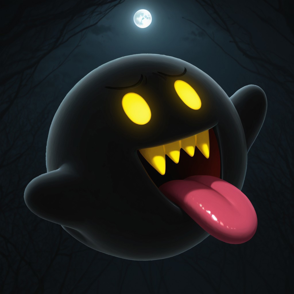 2d, solo, Boo, Bomb boo, feral, Ghost, Ball ghost, black body, legless, featureless hands, glowing yellow eyes, no sclera, sharp teeth, yellow teeth, open mouth, tongue out, 
BREAK floating, haunted mansion, dark environment, windows, moon light, small size,
BREAK best quality, amazing quality, very aesthetic, absurdres, newest, masterpiece, high quality