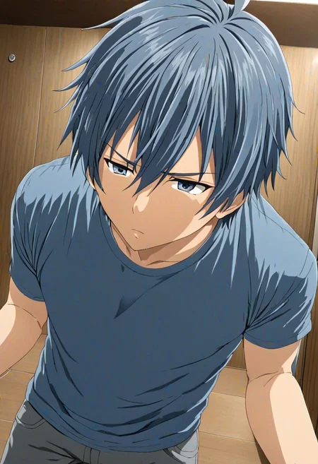 high resolution, solo, best quality, 1Boy, Tomoya Okazaki, Grey Blue Hair, kabedon POV, T-Shirt, OverallDetail