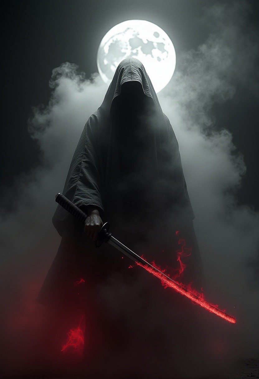 image of a wispy samurai enveloped in a shroud-like material, appears to be merging with the smoke around them, high contrast between the dark moonlit background and the bright, glowing texture of the material to give a feeling of emergence or transformation, monochrome shades to enhance the mysterious and intense atmosphere. Light reflects off katana. A smokey cloudiness wisps all around, with bright red colors slashed across for a pleasing aesthetic, giving the impression that the katana is cutting the air.