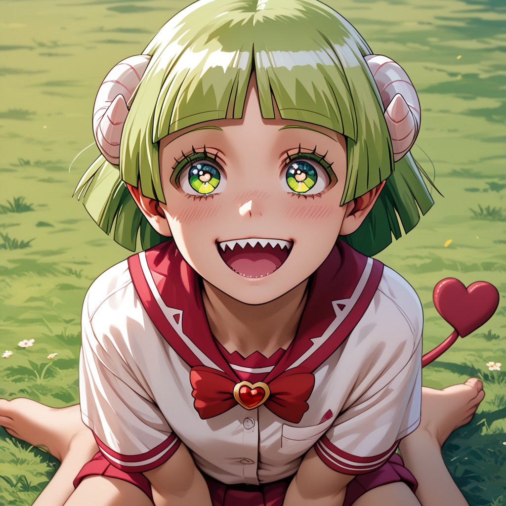 score_9, score_8_up, score_7_up, score_6_up, score_5_up, score_4_up, Cl_araV, School uniform, Sharp teeth, Horns, heart tail, happy, green hair, sitting on the ground, barefoot, looking up at viewer, unbuttoned shirt, exposed shoulders, solo