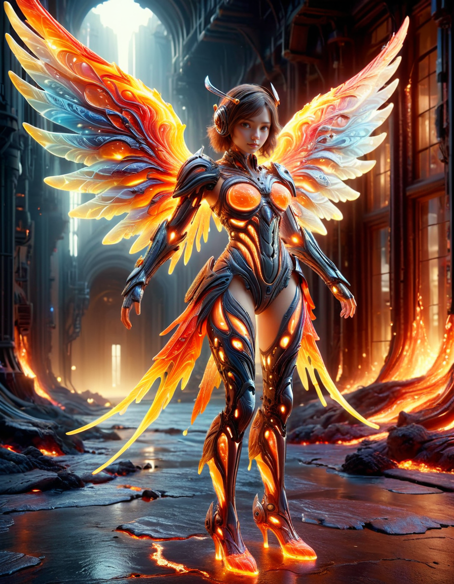 (best quality, masterpiece, colorful, dynamic angle, highest detailed)upper body photo, full body photo, fashion photography of cute mechangel, glowing 4 wings, solo, glowing armor, glowing halo, building, glowing mechanical 4 wings (intricate details, hyperdetailed:1.15), detailed, light passing through hair, (official art, extreme detailed, highest detailed) <lora:ral-lava-sdxl-v2:1> ral-lava