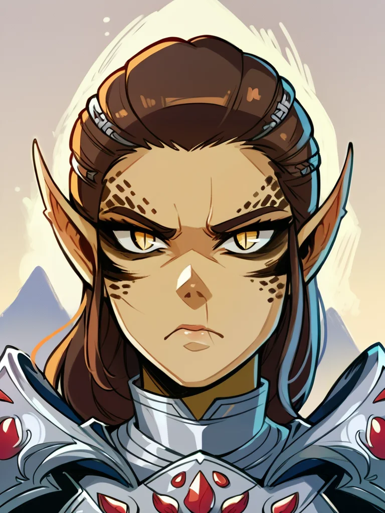score_9, score_8_up, score_7_up, score_6_up, score_5_up, score_4_up, BREAK source_anime,
1girl, looking at viewer, bg3laezel,
frown, colored skin, slit pupils, yellow eyes, brown hair, pointy ears, silver armor,
portrait,
landscape background,
<lora:corneo_laezel:0.95>