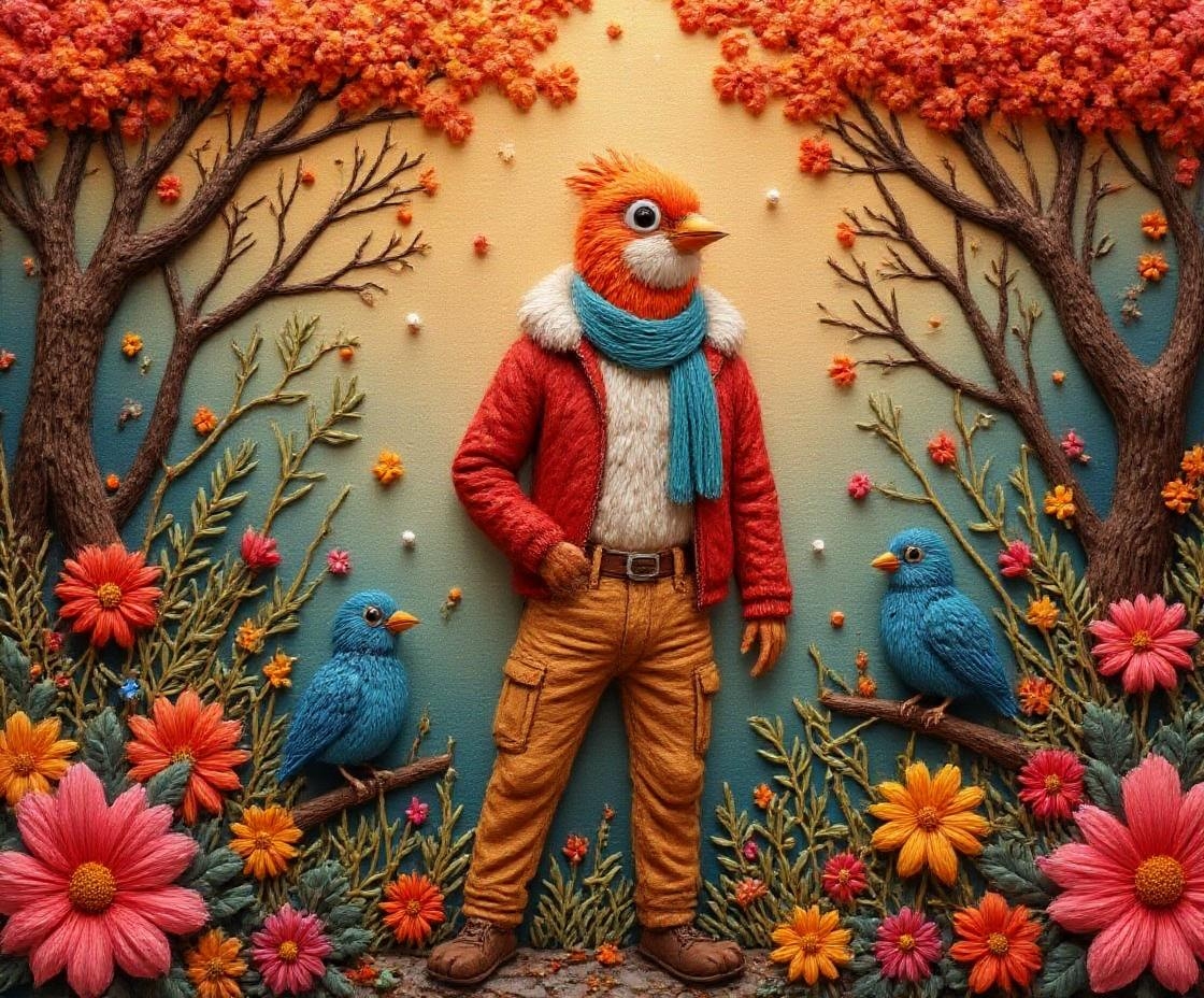 <lora:YarneyYarnYarnv2.safetensors:1>  The subject is a striking anthropomorphic bird character, aged in its prime, with sharp, vibrant red and orange plumage. It stands confidently, wearing a sleek red jacket with a white fur collar that reveals a bare midriff, paired with form-fitting tan cargo pants that accentuate its legs. A blue bird companion, also in its prime, perches nearby, adorned in a teal scarf that drapes elegantly over its shoulders. The style is a blend of high-energy, futuristic aesthetics with crisp, dynamic lines and bold, saturated colors. The background is a serene autumn forest transformed into a high-octane arena, with bright red, yellow, and orange leaves swirling in a misty, ethereal glow. The setting is a fantastical blend of nature and technology, where the forest floor is replaced with a sleek, metallic surface, and the trees are illuminated with neon accents. The scene exudes a sense of mystique and tranquility, yet pulsates with an underlying energy, perfect for fans of fantasy and nature themes. Printed on high-quality, eco-friendly paper, this piece captures the essence of a world where nature and technology coexist in harmony.
