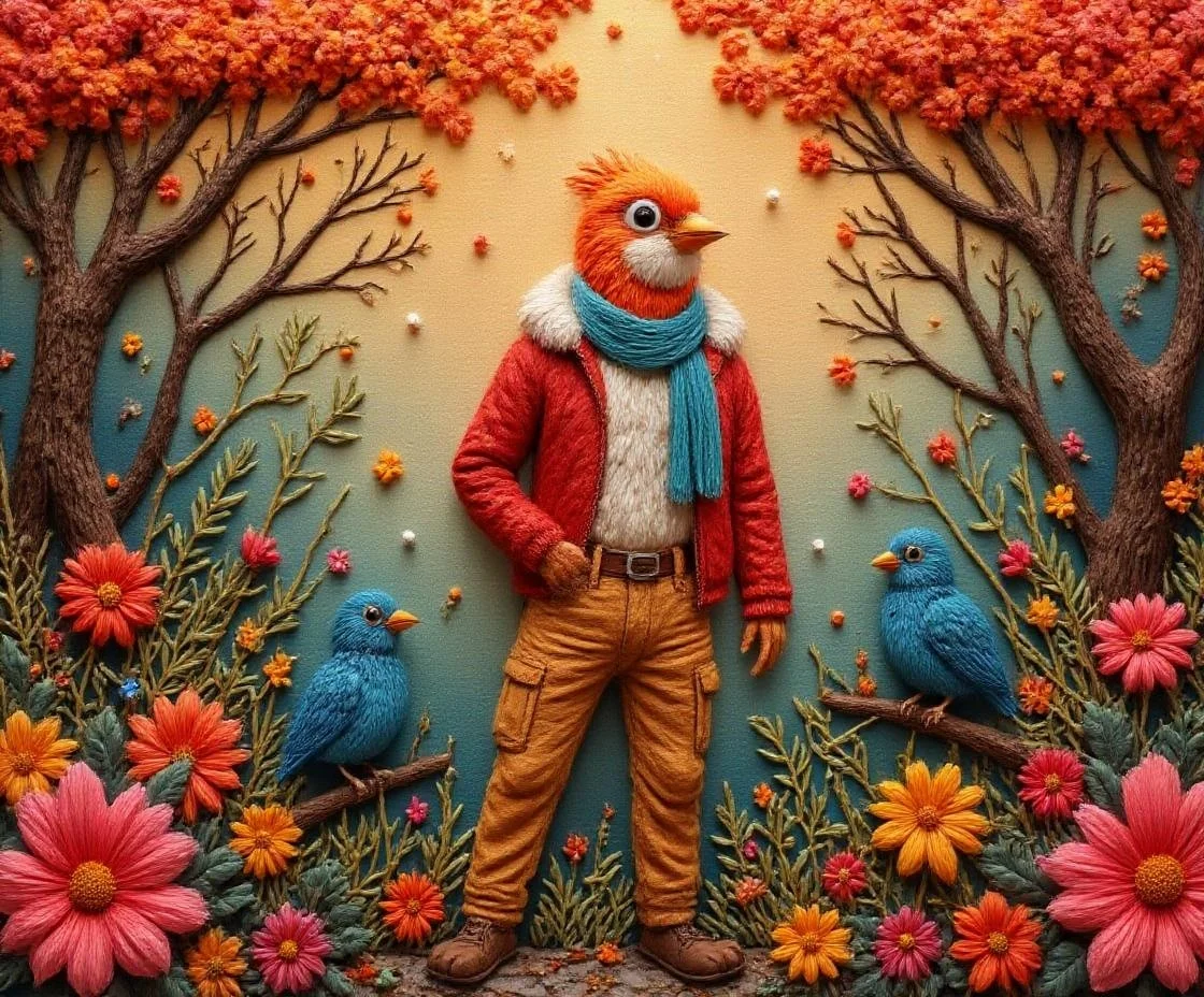 <lora:YarneyYarnYarnv2.safetensors:1> The subject is a striking anthropomorphic bird character, aged in its prime, with sharp, vibrant red and orange plumage. It stands confidently, wearing a sleek red jacket with a white fur collar that reveals a bare midriff, paired with form-fitting tan cargo pants that accentuate its legs. A blue bird companion, also in its prime, perches nearby, adorned in a teal scarf that drapes elegantly over its shoulders. The style is a blend of high-energy, futuristic aesthetics with crisp, dynamic lines and bold, saturated colors. The background is a serene autumn forest transformed into a high-octane arena, with bright red, yellow, and orange leaves swirling in a misty, ethereal glow. The setting is a fantastical blend of nature and technology, where the forest floor is replaced with a sleek, metallic surface, and the trees are illuminated with neon accents. The scene exudes a sense of mystique and tranquility, yet pulsates with an underlying energy, perfect for fans of fantasy and nature themes. Printed on high-quality, eco-friendly paper, this piece captures the essence of a world where nature and technology coexist in harmony.