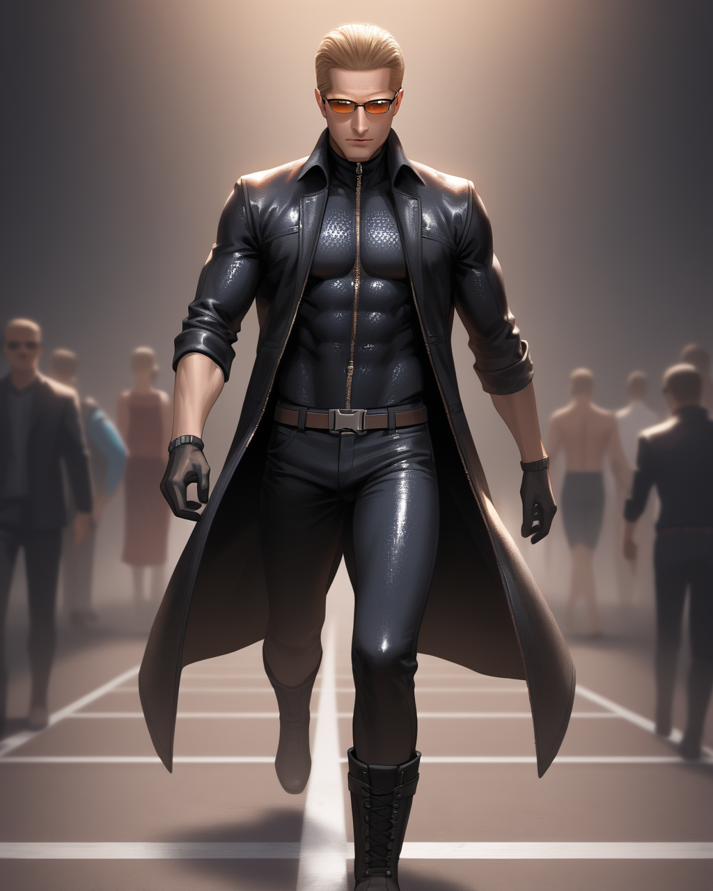 PonyScores7, source_anime, ah1, best quality, (masterpiece:1.4), (high quality:1.4), sharp focus, 4k, absurd resolution, <lora:albertwesker-guy-PONYv1:0.8> albertwesker, albert wesker, 1boy,  blonde, black gloves, (sunglasses:1.3), belt, black coat, black pants, looking at viewer, toned, athletic, fit, slicked back hair, black turtleneck, zipper, mature male, short hair, (graphene textured clothes), black boots, (jogging), bad-hands-5, <lora:xl_more_art-full_v1:0.2>, <lora:shinyskin2:0.2> glistening skin, <lora:aesthetic_anime_v1s:0.2>, <lora:Expressive_H:0.2> Expressiveh, <lora:hairdetailpxl:0.2> hairdetailpxl, <lora:detailxl:0.2> detailxl, (focused, intense glare), short hair, (reddish orange eyes, slit pupils), best quality, amazing quality, best aesthetic, absurdres, <lora:expressive eyes:0.2> expressive eyes, <lora:eyedetailpxl:0.2> eyedetailpxl, illustration, Volumetric_Lighting, ultra-detailed, very aesthetic, intricate details, 8k, masterpiece, best_quality, (angular face, sharp_featured face), <lora:Eyes_High_Definition:0.2> EyesHD, handsome, charming, alluring, AS-MidAged,