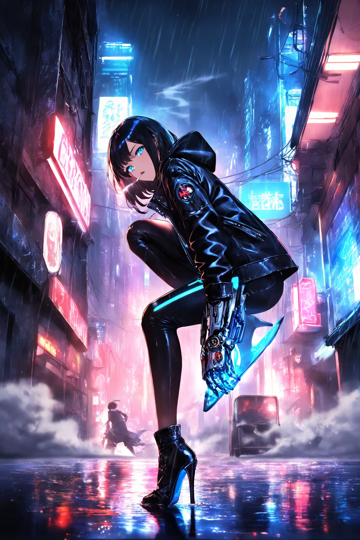 1girl, cyborg, futuristic, metallic limbs, glowing blue eyes, short black hair, leather jacket, ripped fishnets, high heels, smoking, cityscape, neon lights, rainy night, fog, mist, reflections on wet ground BREAK close-up, dramatic pose, urban landscape, high contrast lighting, shallow depth of field, masterpiece, best quality, absurdres
