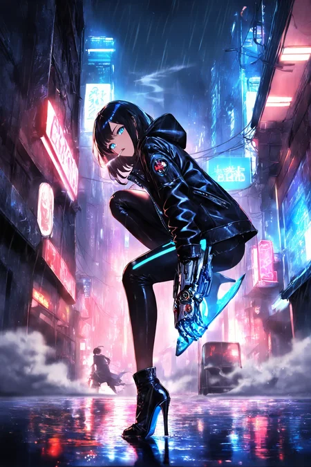 1girl, cyborg, futuristic, metallic limbs, glowing blue eyes, short black hair, leather jacket, ripped fishnets, high heels, smoking, cityscape, neon lights, rainy night, fog, mist, reflections on wet ground BREAK close-up, dramatic pose, urban landscape, high contrast lighting, shallow depth of field, masterpiece, best quality, absurdres