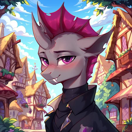 masterpiece, score_9, score_8_up, score_7_up, (best quality:1.1), ultra-detailed, high resolution, solo, Нептун Хербст, male, changeling, mlp, feral, ragged ears, (((beautiful detailed purple eyes))), single horn, gray skin, purple membrane mane, black coat, black neck warmer, detailed clothing, fang, highly detailed macro illustration, smiling, blushing, mlp, outside, Highly Visible, (((8k))), sharp focus, perfect lighting, anatomically correct, extremely detailed, shine on body, (Pony town), high detail, cute face, Expressiveh, detailed background, OverallDetail, zPDXL2,