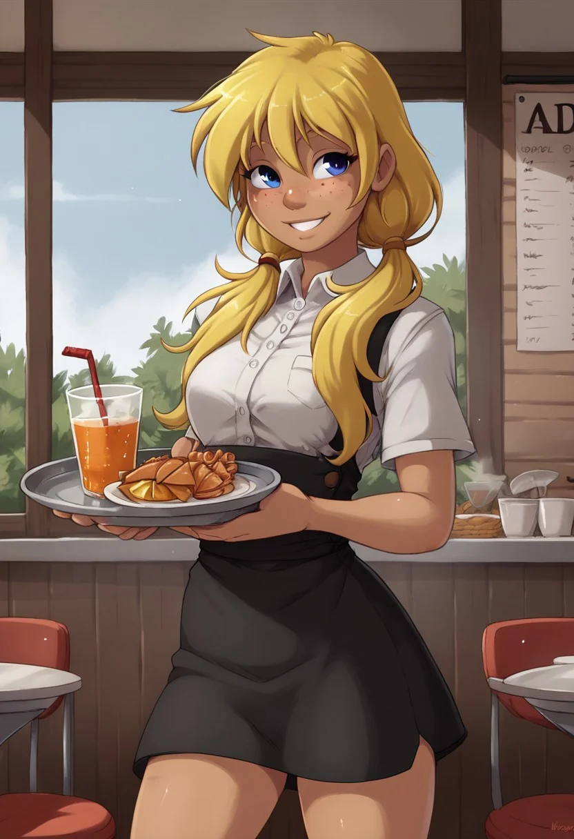 score_9, score_8_up, score_7_up, score_6_up, score_5_up, score_4_up, High resolution, High quality, Ultra-detailed, jay_naylor_style, cartoon style, front view,
BREAK,
((1girl)), solo, marryannpxljay, tanned skin, dark blue eyes, blonde long hair, twintails, low twintails, natural breasts, freckles, waitress, stylish uniform, standing, carrying a tray with drinks, smiling warmly.
BREAK,
background Café environment