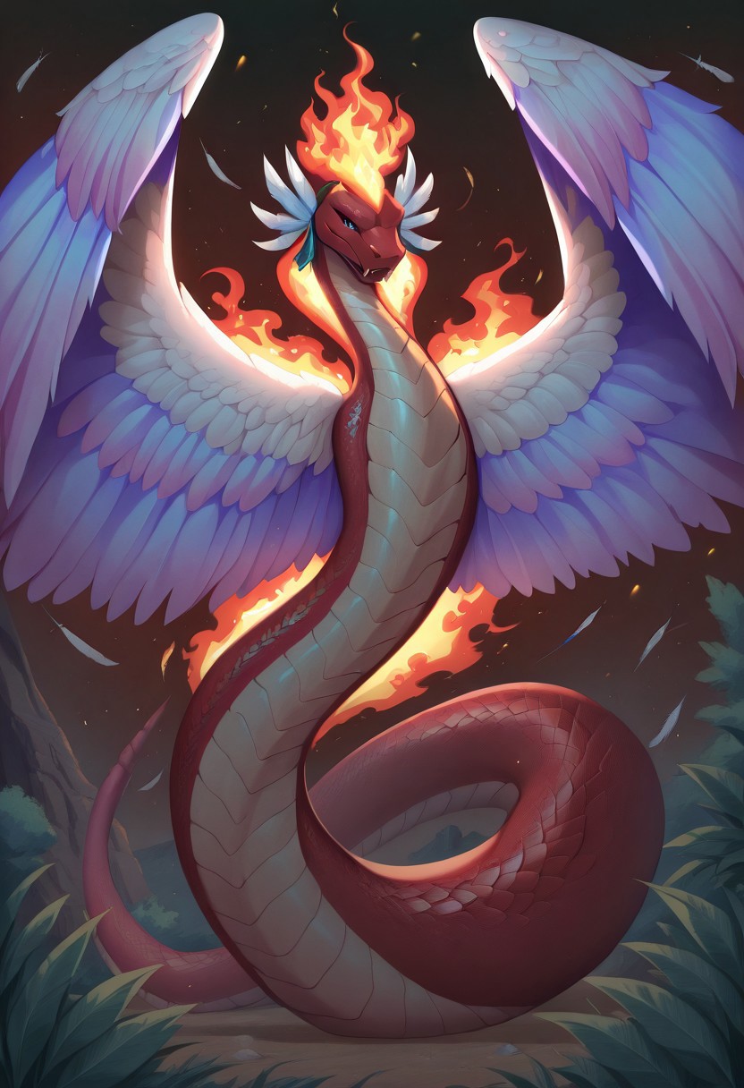 masterpiece, best quality, newest, absurdres, highres, anime, anime style, vintage anime, 90s anime, Coatl-IL-V1.0,  Coatl, snake, serpent, winged snake, winged serpent, wings, feathered wings, feathers, fire, fire breath, red serpent, red scales, white feather