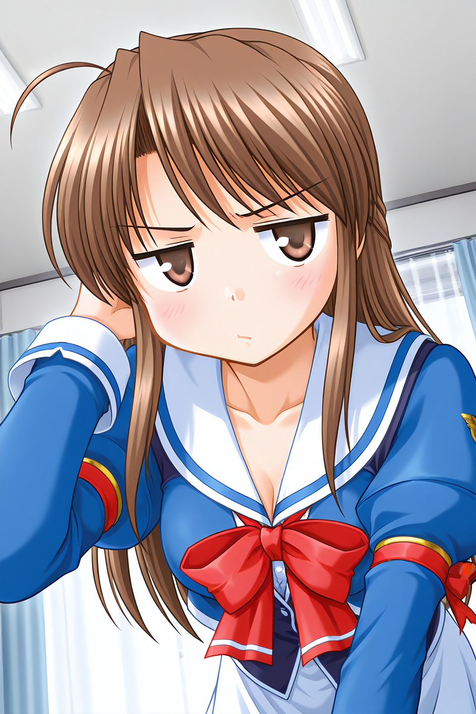 masterpiece, best quality, absurdres, official art, official style, rating general BREAK <lora:fujiedahonami_IL_v1-5:0.7>, fujieda honami, 1girl, solo, brown eyes, yellow eyes, brown hair, grey hair, ahoge, bangs, very long hair, half updo, medium breasts BREAK school uniform, close-up, portrait, jitome, angry, pout, blush, adjusting hair, window, indoors, looking at viewer, leaning forward, blue jacket, juliet sleeves, ceiling, crop top jacket, collarbone, red bowtie, white shirt, white sailor collar, sleeve cuffs, bent over, closed mouth