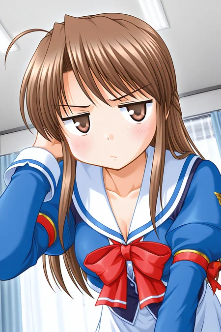 masterpiece, best quality, absurdres, official art, official style, rating general BREAK <lora:fujiedahonami_IL_v1-5:0.7>, fujieda honami, 1girl, solo, brown eyes, yellow eyes, brown hair, grey hair, ahoge, bangs, very long hair, half updo, medium breasts BREAK school uniform, close-up, portrait, jitome, angry, pout, blush, adjusting hair, window, indoors, looking at viewer, leaning forward, blue jacket, juliet sleeves, ceiling, crop top jacket, collarbone, red bowtie, white shirt, white sailor collar, sleeve cuffs, bent over, closed mouth