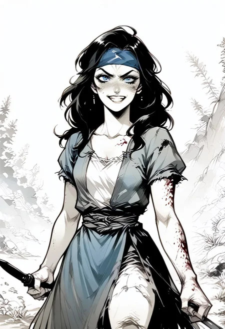 score_9, score_8_up, score_7_up,  BREAK, source_manga, source anime, (((very clear lines)))
BREAK
Monochrome manga style of a scuzzy perverted twisted insane evil villainous deathly pale white female nord of about 30 years old with pale grey blue eyes with bags under them and a wide sadistic grin.  She has messy black hair falling over a dirty and bloody blue headband bandana, slightly toned arms and legs, and is holding a knife.  She has small breasts and wears a tattered blue medieval dress with the sleeves ripped off and the hem cut high.  
BREAK
Skyrim rolling hills background in sunset, shadow, monochrome