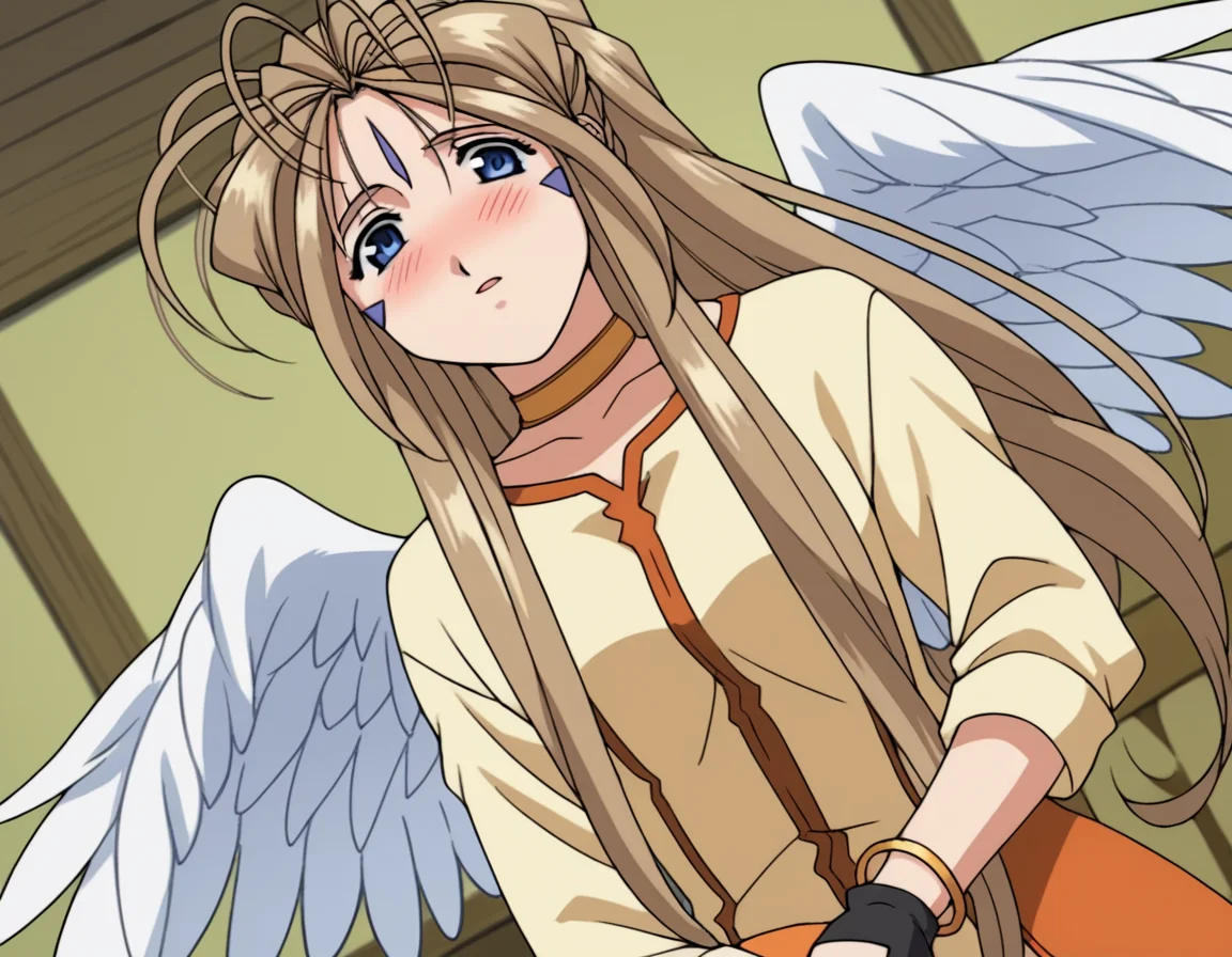 score_9, score_8_up, score_7_up, source_anime,
belldandy, <lora:belldandy-s2-ponyxl-lora-nochekaiser:1>,
belldandy, long hair, blue eyes, brown hair, facial mark, forehead mark,
gloves, wings, choker, fingerless gloves, bracelet, ring, feathers, angel wings,
indoors, bed, bed room, on side, blush, drunk,
cowboy shot, solo, dutch angle, looking at viewer,