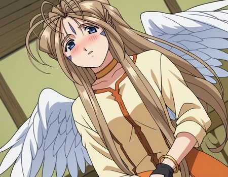 score_9, score_8_up, score_7_up, source_anime,
belldandy, <lora:belldandy-s2-ponyxl-lora-nochekaiser:1>,
belldandy, long hair, blue eyes, brown hair, facial mark, forehead mark,
gloves, wings, choker, fingerless gloves, bracelet, ring, feathers, angel wings,
indoors, bed, bed room, on side, blush, drunk,
cowboy shot, solo, dutch angle, looking at viewer,