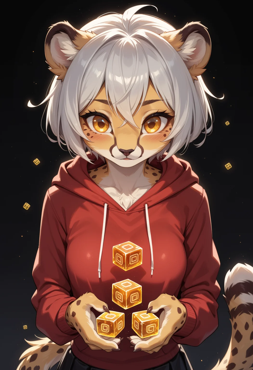 score_9, score_8_up, score_7_up,
source_furry, high quality, perfection, detailed, aesthetic, well-lighted,
1girl, solo, upper body, face focus,
black background, cubes background, underlighting,
furry female, anthro, furred body, fluffy fur, beautiful girl, cute girl, adult, youthful, beautiful face, detailed face, perfect eyes, detailed eyes,
(cheetah girl), medium breasts, white hair, short hair, yellow eyes,
red hoodie, black skirt,
(glowing glass cubes:1.2), flying cubes, (too many cubes:1.4),