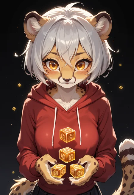 score_9, score_8_up, score_7_up,
source_furry, high quality, perfection, detailed, aesthetic, well-lighted,
1girl, solo, upper body, face focus,
black background, cubes background, underlighting,
furry female, anthro, furred body, fluffy fur, beautiful girl, cute girl, adult, youthful, beautiful face, detailed face, perfect eyes, detailed eyes,
(cheetah girl), medium breasts, white hair, short hair, yellow eyes,
red hoodie, black skirt,
(glowing glass cubes:1.2), flying cubes, (too many cubes:1.4),