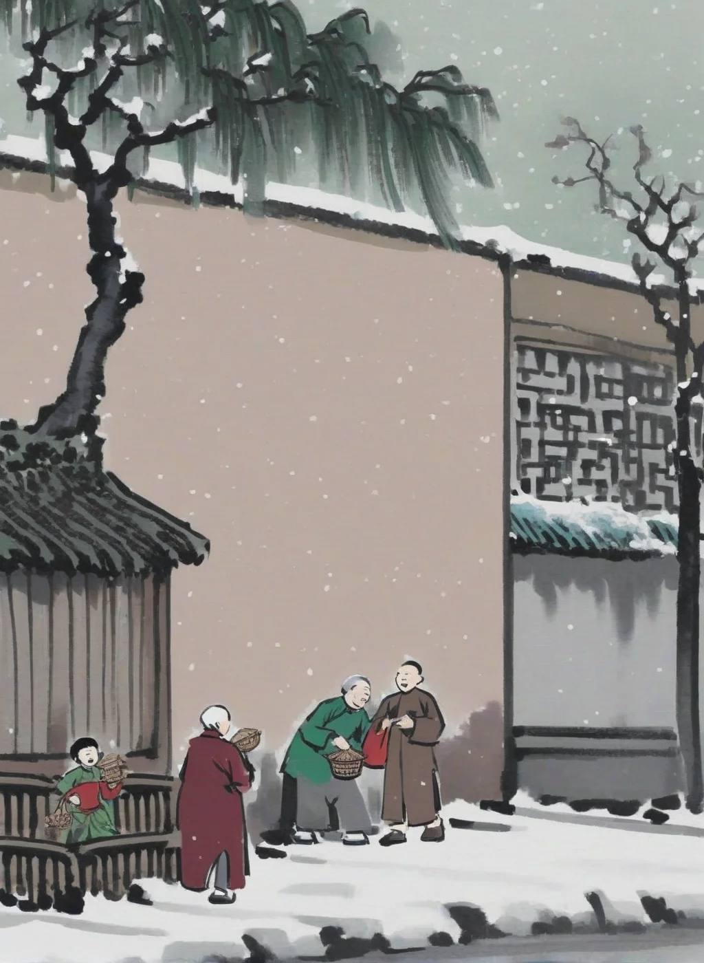 masterpiece,1old lady chatting with passers-by people,snowy,tree,plants,dark red cheongsam,1gril|1boy| is holding baskets,brown cheongsam,green cheongsam,wild,Chinese modern comics,Chinese modern comics style,<lora:Chinese modern comics style_epoch_4:1>,