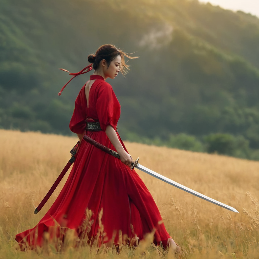 UHD, 4k, ultra detailed, cinematic, a photograph of  <lora:female samurai style v2:1>
full shot, an epic cinematic photo of a woman in a red flying dress holding a warrior sword with perfect hand, while looking down at something, outdoors in field, female samurai style, epic, beautiful lighting, inpsiring