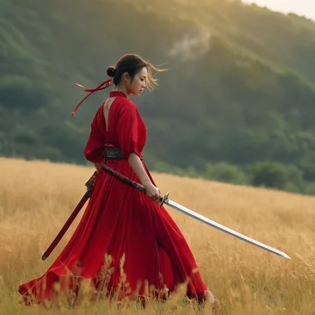 UHD, 4k, ultra detailed, cinematic, a photograph of  <lora:female samurai style v2:1>
full shot, an epic cinematic photo of a woman in a red flying dress holding a warrior sword with perfect hand, while looking down at something, outdoors in field, female samurai style, epic, beautiful lighting, inpsiring