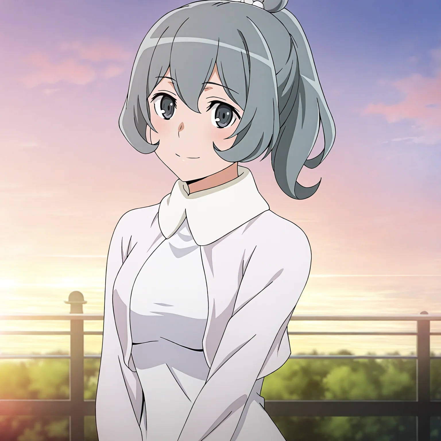 <lora:Syr2-000019:0.7> Syr,solo,looking at viewer,normal suit,dress,light smile,light blush,v arms,outdoors,upper body,bare legs,sidelocks,