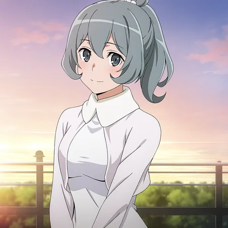 <lora:Syr2-000019:0.7> Syr,solo,looking at viewer,normal suit,dress,light smile,light blush,v arms,outdoors,upper body,bare legs,sidelocks,