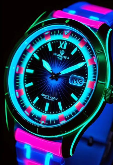 An epic photo of an avant-garde bioluminescent watch, neon color, masterpiece, best quality, highly detailed, sharp focus, dynamic lighting, flux-style,