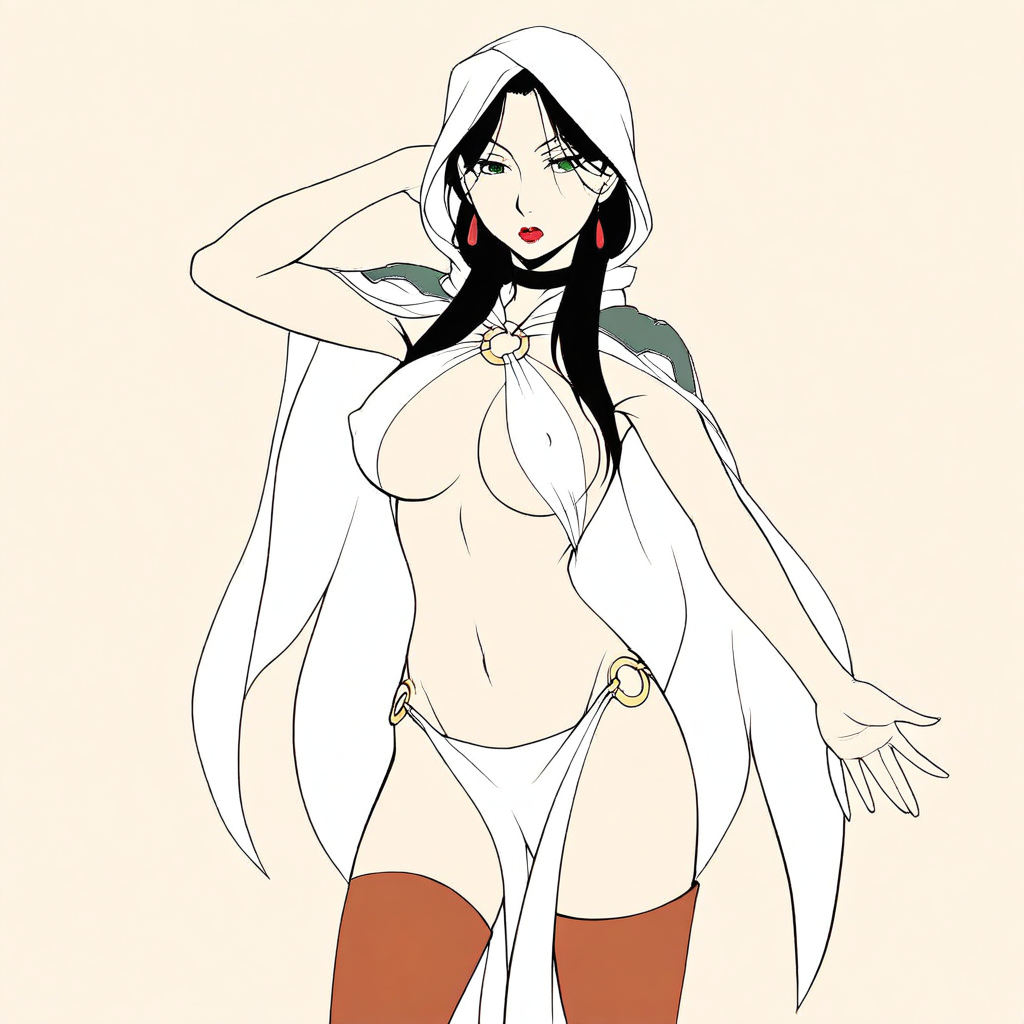 Masterpiece,best quality,limited color palette,lineart,vector art,1girl, solo, cowboy shot, (F4L4NG13S), long hair, black hair, green eyes, armpits, large breasts, cleavage, covered nipples, hood, large breasts, red lips, makeup, navel, thighhighs, sandals, toeless legwear, o-ring, looking at viewer, outstretched arm, large breasts, milf, black choker, simple background,