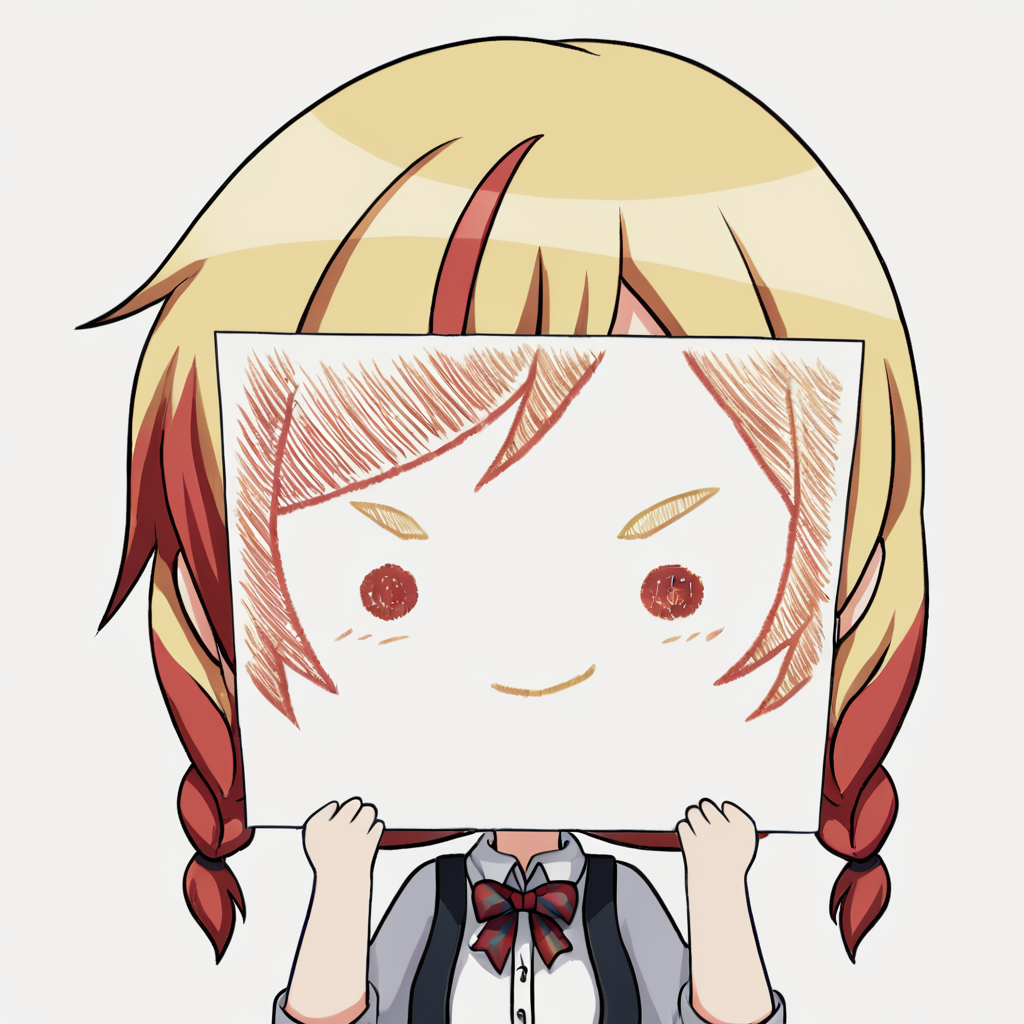 score_9, score_8_up, score_7_up, <lora:PaperLikeFacePony:0.8>
PaperLikeFace, 1girl, solo, short hair with twin braids, brown and blonde streaked hair, simple background, wearing a white shirt with a black vest, upper body, chibi, V-shaped eyebrows, transparent background, holding a striped bowtie, red hair ribbon, :< expression