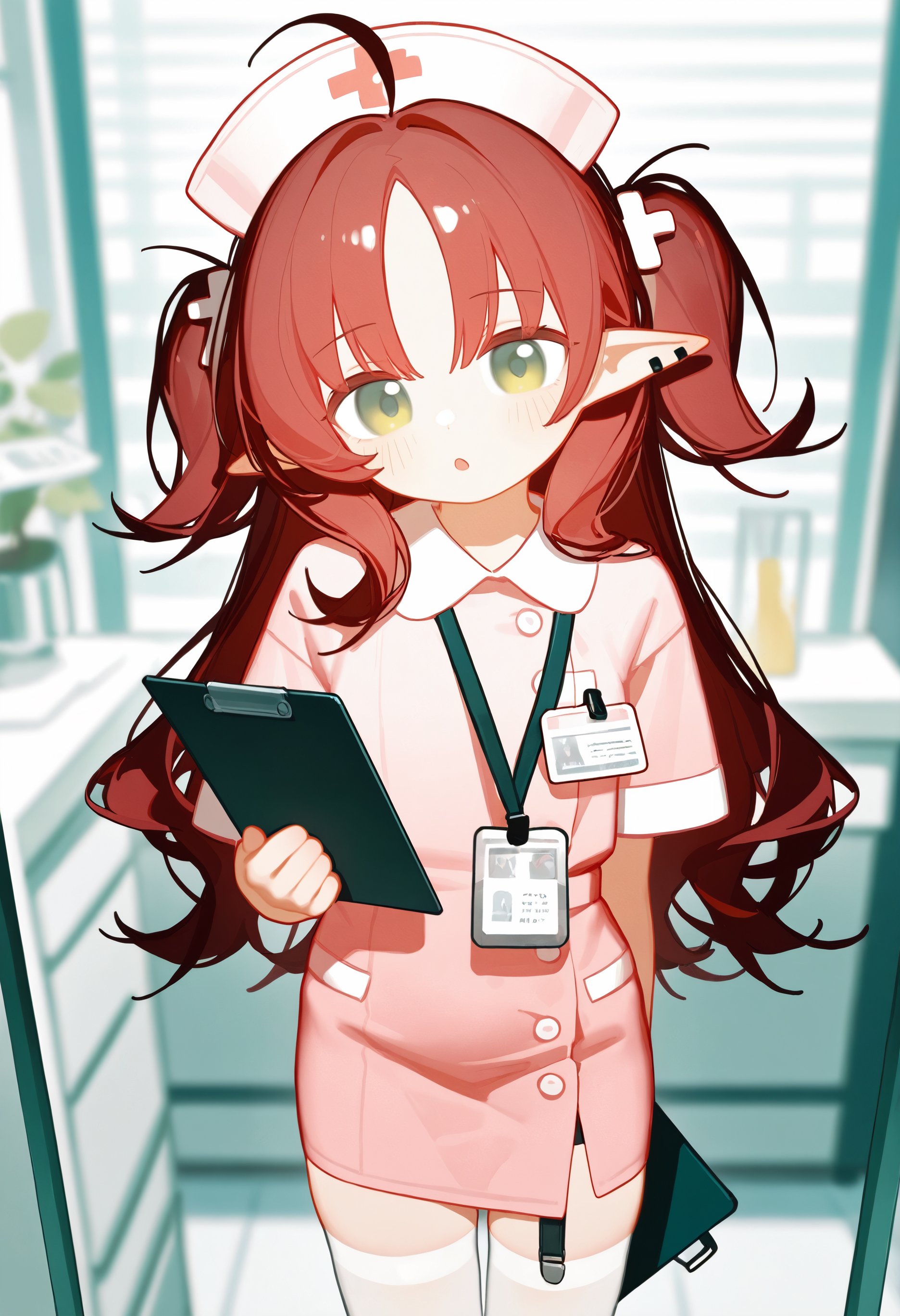 omo-omo2, 
tianliang_duohe_fangdongye, 
1girl, solo, myrtle \(arknights\), clipboard, pointy ears, hat, white thighhighs, holding, long hair, thighhighs, red hair, green eyes, nurse, looking at viewer, nurse cap, ahoge, holding clipboard, blush, dress, piercing, short sleeves, ear piercing, pink dress, id card, alternate costume, parted bangs, cowboy shot, twintails, blurry background, indoors, blurry, :o, parted lips,masterpiece,best quality,newest,absurdres,highres,very awa,detail background