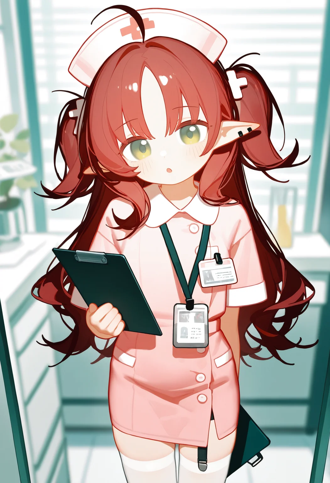 omo-omo2,
tianliang_duohe_fangdongye,
1girl, solo, myrtle \(arknights\), clipboard, pointy ears, hat, white thighhighs, holding, long hair, thighhighs, red hair, green eyes, nurse, looking at viewer, nurse cap, ahoge, holding clipboard, blush, dress, piercing, short sleeves, ear piercing, pink dress, id card, alternate costume, parted bangs, cowboy shot, twintails, blurry background, indoors, blurry, :o, parted lips,masterpiece,best quality,newest,absurdres,highres,very awa,detail background