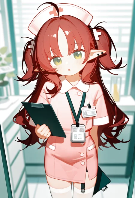 omo-omo2, 
tianliang_duohe_fangdongye, 
1girl, solo, myrtle \(arknights\), clipboard, pointy ears, hat, white thighhighs, holding, long hair, thighhighs, red hair, green eyes, nurse, looking at viewer, nurse cap, ahoge, holding clipboard, blush, dress, piercing, short sleeves, ear piercing, pink dress, id card, alternate costume, parted bangs, cowboy shot, twintails, blurry background, indoors, blurry, :o, parted lips,masterpiece,best quality,newest,absurdres,highres,very awa,detail background