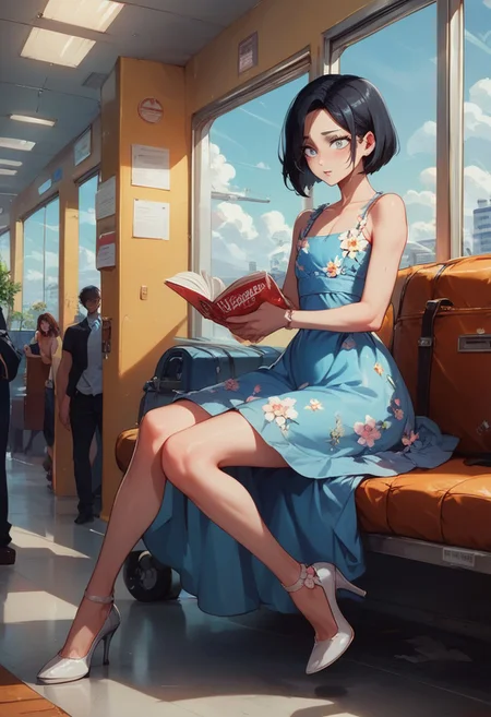 score_9, score_8_up, score_7_up, 1boy, femboy, otoko no ko, short hair, bob cut hair, black hair, grey eyes, gray eyes, feminine face, toned body, Shelly, sitting, floral sundress, cute sundress, holding magazine, reading, high heels, suitcase, highly detailed, intricate, zzCitronLegacy, indoors, airport, waiting room, large windows, airplane outside window, rows of seats, crowded