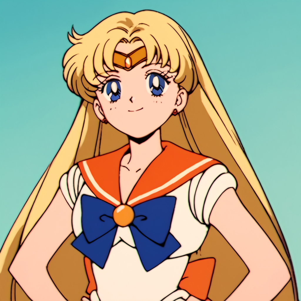 score_9, score_8_up, score_7_up, score_6_up, score_5_up, score_4_up, source_anime, , Sailor_Venus, long hair, blonde hair, blue eyes, sailor senshi uniform, orange sailor collar, , soft smile, standing, hands on hips