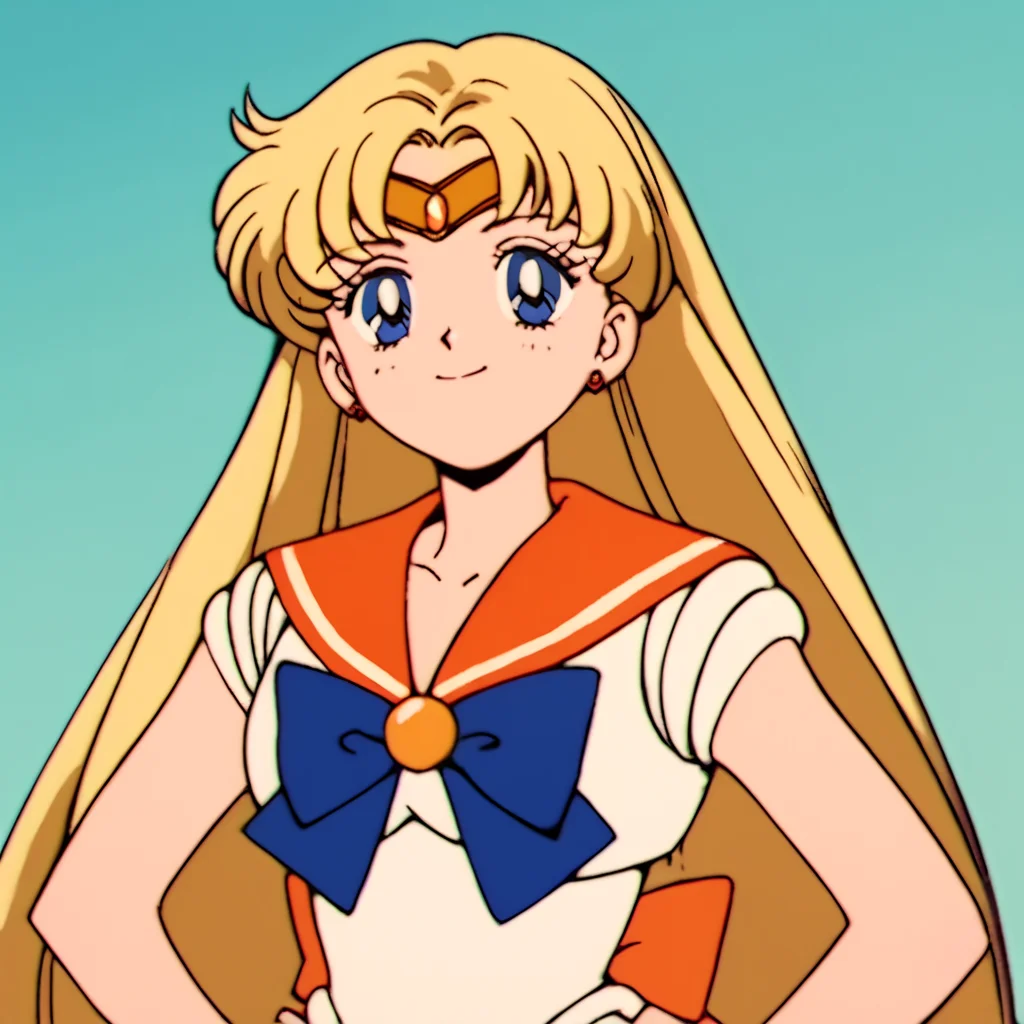 score_9, score_8_up, score_7_up, score_6_up, score_5_up, score_4_up, source_anime, , Sailor_Venus, long hair, blonde hair, blue eyes, sailor senshi uniform, orange sailor collar, , soft smile, standing, hands on hips